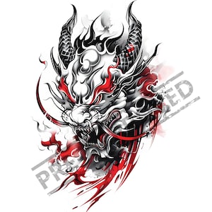 Masked Oni Japanese Tattoo Design | High Resolution 4K | Canvas Art | Printable SVG Stencil Included| Clip Art