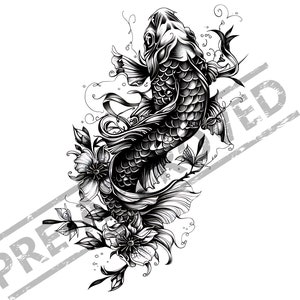 Koi Tattoo Design | High Resolution 4K 300dpi | Canvas Art | Printable SVG Stencil| PNG | Clip Art | Cell Wallpaper | Digital Download