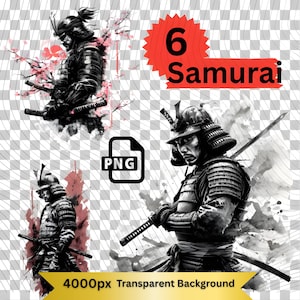 Lot de 6 motifs de tatouage de guerrier samouraï | 300 ppp JPEG et PNG | Fond transparent | Prêt pour le laser, commande numérique par ordinateur, décalcomanie pour t-shirt, oeuvre d'art murale | Numérique