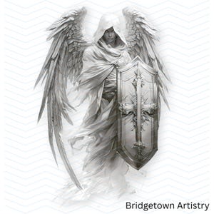 May include: A grayscale illustration of an angel figure with large feathered wings, wearing a hooded robe and holding a shield. The shield features a cross design. The image is set against a white background with a subtle pattern. Text at the bottom reads "Bridgetown Artistry."