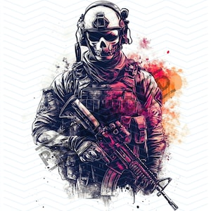 Op de afbeelding: Digitale kunst van een soldaat met een schedelgezicht, gekleed in tactische uitrusting, met een geweer. De afbeelding heeft een aquareleffect met spetters van rood, oranje en paars. De achtergrond is wit met een subtiel zigzagpatroon.