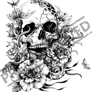 Skull & Flowers Butterflies Tattoo Design | High Resolution 4K | Canvas Art | Black Scale Art | Printable SVG File Included