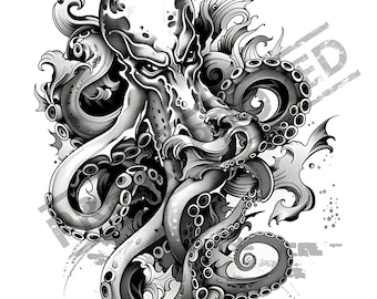 May include: Black and white illustration of an octopus with tentacles curled around itself. The octopus has a detailed, textured design and is surrounded by swirling patterns.