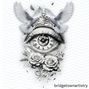 May include: A black and white illustration of an eye with a clock face in the pupil. Two white doves are flying above the eye, and two white roses are below the eye.