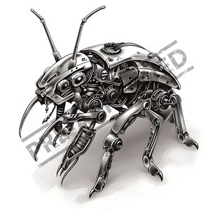 May include: A detailed illustration of a mechanical insect with a silver finish. The insect has six legs and two antennae. The insect's body is made up of many gears and cogs.