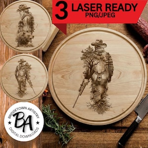 May include: Three wooden laser-ready cutting boards with engraved hunting scenes. One board features a hunter with a deer, another with a bear, and the third with a hunter holding a rifle. The boards are round with a light wood grain.