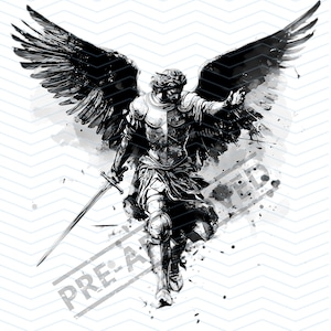 May include: Black and white illustration of an angel warrior with large wings, wearing armor and holding a sword. The angel is standing in a cloud of watercolor paint.