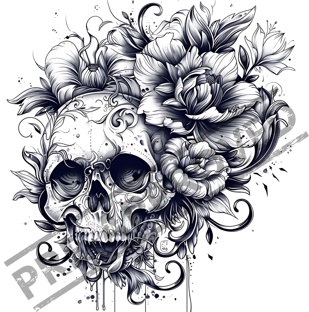 Skull and Flowers Tattoo Design | Black Scale Art (printable SVG File ...