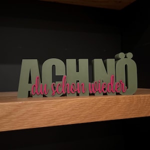 Könnte beinhalten: Ein dekoratives Holzschild mit dem deutschen Satz "ACH NÖ du schon wieder". Die Buchstaben sind grün, der Satz in Pink. Das Schild steht auf einem Holzregal vor dunklem Hintergrund.