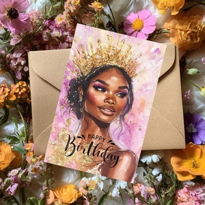 Cartes d'anniversaire noires de joyeux anniversaire, fille noire élégante, carte d'anniversaire mélanine, femme afro-américaine, magie de fille noire, voeux d'anniversaire uniques