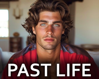 May include: A man with long brown hair and green eyes looks directly at the camera. The text "PAST LIFE psychic reading - same day" is below him.
