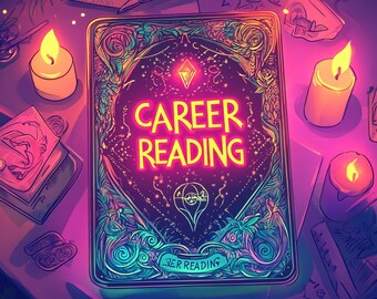 May include: A dark purple background with a book that says "CAREER READING" in neon yellow letters. The book is surrounded by candles and a pen.