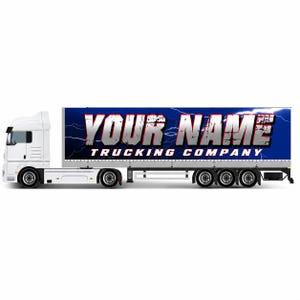 May include: A white semi-truck with a long trailer featuring a dark blue background with lightning patterns. The trailer displays the text YOUR NAME TRUCKING COMPANY in large, metallic, distressed-style lettering across the side panel.