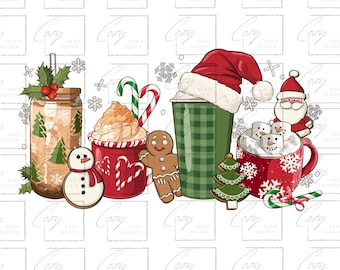 Christmas Coffee Cups PNG, Holiday Sublimation Design (Digital Download)