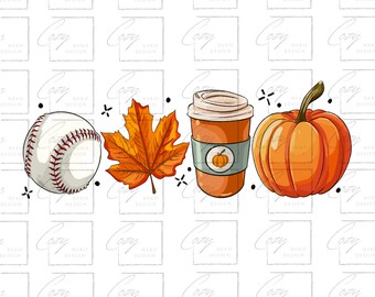 May include: A set of four fall-themed illustrations: a baseball, a pumpkin, a coffee cup, and a maple leaf. The illustrations are drawn in a cartoon style and are perfect for fall-themed crafts and projects.