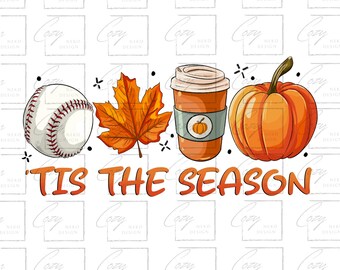 May include: A baseball, a fall leaf, a cup of coffee, and a pumpkin with the text "Tis the Season" on a white background.
