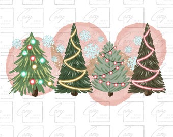 May include: Four stylised Christmas trees with different coloured lights. The trees are green and have a watercolour effect. The background is a pink watercolour wash with snowflakes.