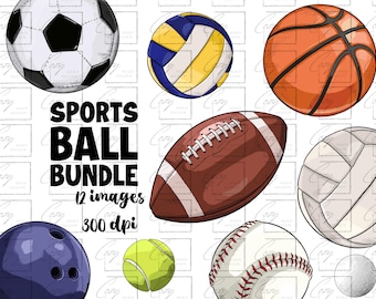 Sports Balls Clipart Bundle, Hand Drawn PNG (Digital Download)
