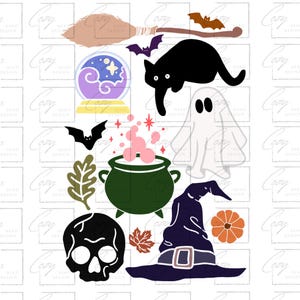 Boho Halloween PNG Clipart, fantôme, chat noir (téléchargement numérique)