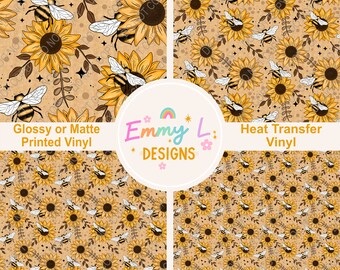 Sunflower and Bees Patterned Vinyl Sheet, Adhesive Vinyl, Bee Patterned Vinyl, HTV, Heat Transfer Vinyl, Patterned Vinyl, Bumblebee -130