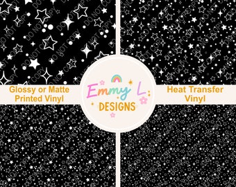 Black and White Stars Patterned Vinyl Sheet, Adhesive Vinyl, Printed Vinyl, HTV, Heat Transfer Vinyl, Patterned Vinyl, Night Sky -313