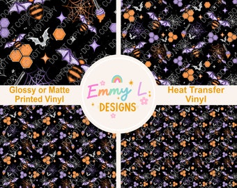 Hallo-Bees Patterned Vinyl Sheet, Adhesive Vinyl, Printed Vinyl, HTV, Heat Transfer Vinyl, Patterned Vinyl, Bumblebee, Honey, Halloween -133
