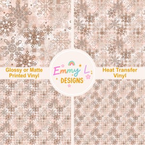 May include: A digital design featuring a seamless pattern of brown snowflakes on a light pink background. The design is available for purchase as a glossy or matte printed vinyl or heat transfer vinyl.