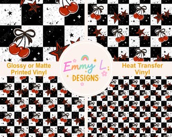 Checkered Cherry and Stars Patterned Vinyl Sheet, Adhesive Vinyl, Printed Vinyl, HTV, Heat Transfer Vinyl, Fruit Craft Vinyl, Cherries -413