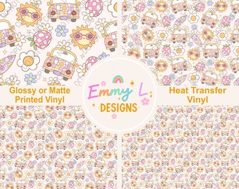 Retro Summer Vibes Patterned Vinyl Sheet, Adhesive Vinyl, Printed Vinyl, HTV, Heat Transfer Vinyl, Patterned Vinyl, Summer Craft Vinyl -024