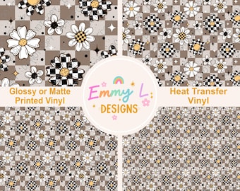 Checkered Retro Daisy Patterned Vinyl Sheet, Adhesive Vinyl, Printed Vinyl, Heat Transfer Vinyl, Patterned Vinyl, Floral Vinyl -300