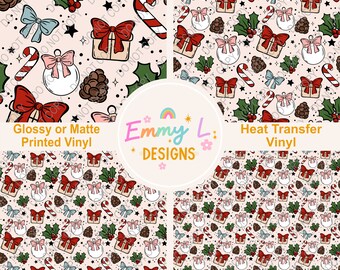 Vibrant Christmas Patterned Vinyl Sheet, Adhesive Vinyl, Printed Vinyl, HTV, Heat Transfer Vinyl, Patterned Vinyl, Present, Holly, Bows -270