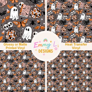May include: A seamless pattern featuring a spooky Halloween theme with ghosts, bats, skulls, disco balls, butterflies, and candy corn on a dark gray background. The text "Glossy or Matte Printed Vinyl" and "Heat Transfer Vinyl" are displayed at the bottom of the image.