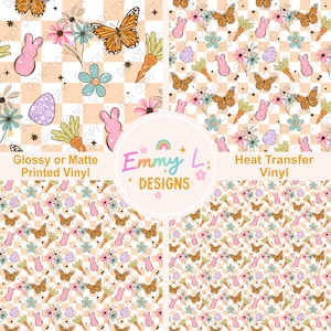 May include: A collage of patterned vinyl sheets featuring Easter-themed designs. The patterns include butterflies, carrots, flowers, Easter eggs, and bunnies on a checkered background. The text "Emmy L Designs" is visible, along with "Glossy or Matte Printed Vinyl" and "Heat Transfer Vinyl".