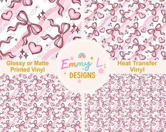 Pink Hearts and Bows Patterned Vinyl Sheet, Adhesive Vinyl, Printed Vinyl, Heat Transfer Vinyl, Patterned Vinyl, Valentine's Day -440