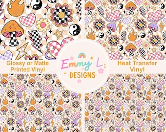 Retro Mushroom Patterned Vinyl Sheet, Adhesive Vinyl, Printed Vinyl, HTV, Heat Transfer Vinyl, Patterned Vinyl,  Groovy Craft Vinyl -276