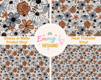 Fall Floral Patterned Vinyl Sheet, Adhesive Vinyl, Printed Vinyl, HTV, Heat Transfer Vinyl, Patterned Vinyl, Autumn Craft Vinyl - 125