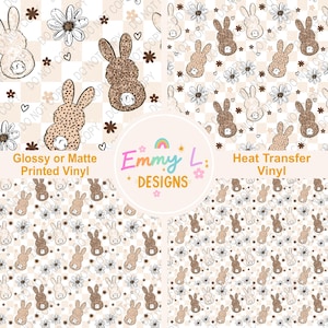 May include: A collage of patterned vinyl designs featuring bunnies, flowers, and hearts. The designs include a checkered pattern with bunnies and flowers, and a repeating pattern of bunnies and flowers. The text "Glossy or Matte Printed Vinyl" and "Heat Transfer Vinyl" are visible.