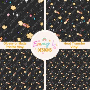 May include: A seamless pattern featuring a black background with white stars, yellow clouds, and pink, yellow, and blue rockets. The text "Emmy L Designs" is in the center of the image. The text "Glossy or Matte Printed Vinyl" is in the top left corner of the image. The text "Heat Transfer Vinyl" is in the top right corner of the image.