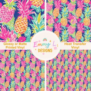 May include: A seamless pattern featuring bright pink, yellow, and green pineapples on a dark blue background. The text "Emmy L. Designs" is in the center of the image. The text "Glossy or Matte Printed Vinyl" is in the top left corner of the image. The text "Heat Transfer Vinyl" is in the top right corner of the image.