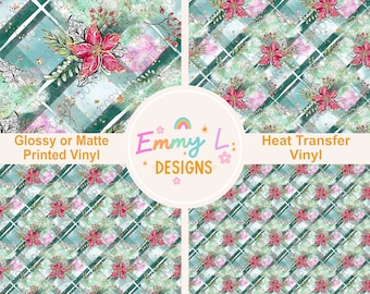 Poinsettia Check Patterned Vinyl Sheet, Adhesive Vinyl, Printed Vinyl, HTV, Heat Transfer Vinyl, Patterned Vinyl, Holiday Craft Vinyl -206