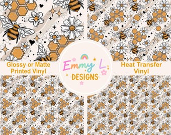 Floral Bumblebee Patterned Vinyl Sheet, Adhesive Vinyl, Printed Vinyl, Heat Transfer Vinyl, Patterned Vinyl, Spring Craft Vinyl, Honey -295