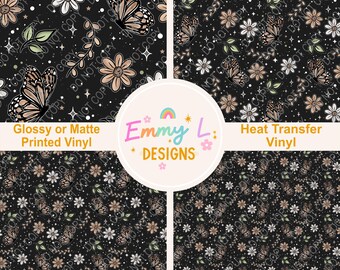 Floral Butterfly Patterned Vinyl Sheet, Adhesive Vinyl, Printed Vinyl, Heat Transfer Vinyl, Patterned Vinyl, Gothic Craft Vinyl, Moody -316