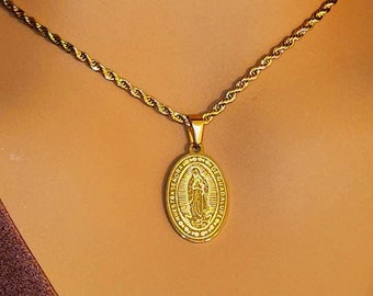 Our Lady of Guadalupe Gold Pendant Necklace - Virgin Mary Religious Jewelry, Catholic Icon Pendant, Sparkling Crystal Frame, Spiritual Gift