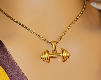 Collier avec pendentif haltère, finition dorée, style salle de sport, Lift Life, Fitness, Salle de sport, Entraînement, Amateur de fitness, Amateur de sport, Bijoux d'haltérophilie