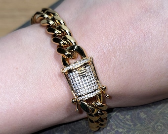 Bracciale a maglie cubane Miami in oro 14k con diamanti e zirconi cubici, chiusura a scatola, 10 mm, 9" in acciaio inossidabile massiccio con rivestimento in oro PVD, antiossidante, impermeabile