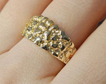 Anillo minimalista de pepita de oro de 14 quilates en plata de ley 925 con cruz de Jesús, tallas 10-12, delicado anillo de pepita de oro macizo.