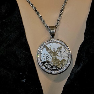 Silver Peso Coin Pendant Necklace, Mexican Coin Jewelry, Oro Puro Medallion, Crystal Accents, Mexican Currency, Classic Fashion, Luxury Coin