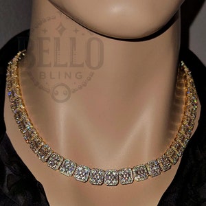 Gold Square Link Choker – 12mm Wide, 20 Inch Iced CZ Necklace, Hip Hop Jewelry