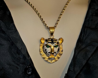 Gold Tiger Pendant Necklace - Green Eyes, Bold Animal Jewelry, Hip Hop Bling, Fashion Statement, Stainless Steel, Iced Out Tiger Necklace