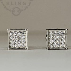 Sterling Silver Square Stud Earrings: Iced Cubic Zirconia Screwback